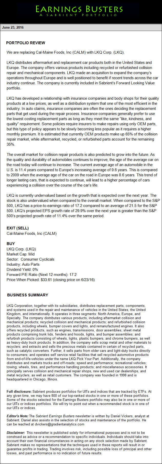 Earnings Busters Newsletter - June 23, 2016