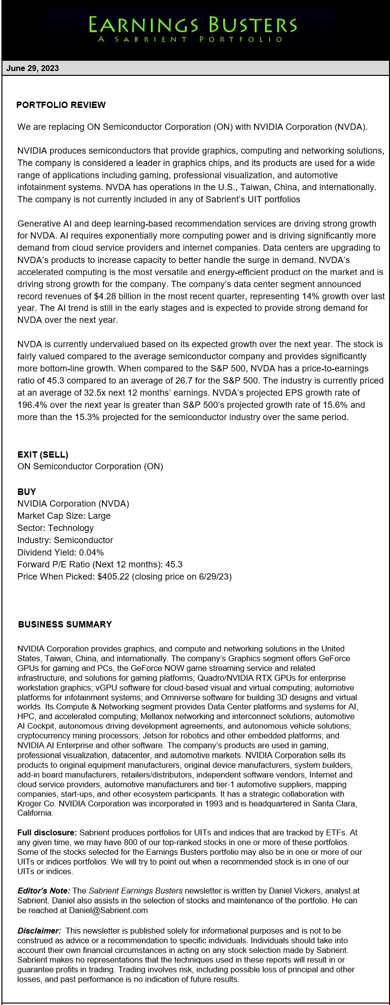 Earnings Busters Newsletter - June 29, 2023