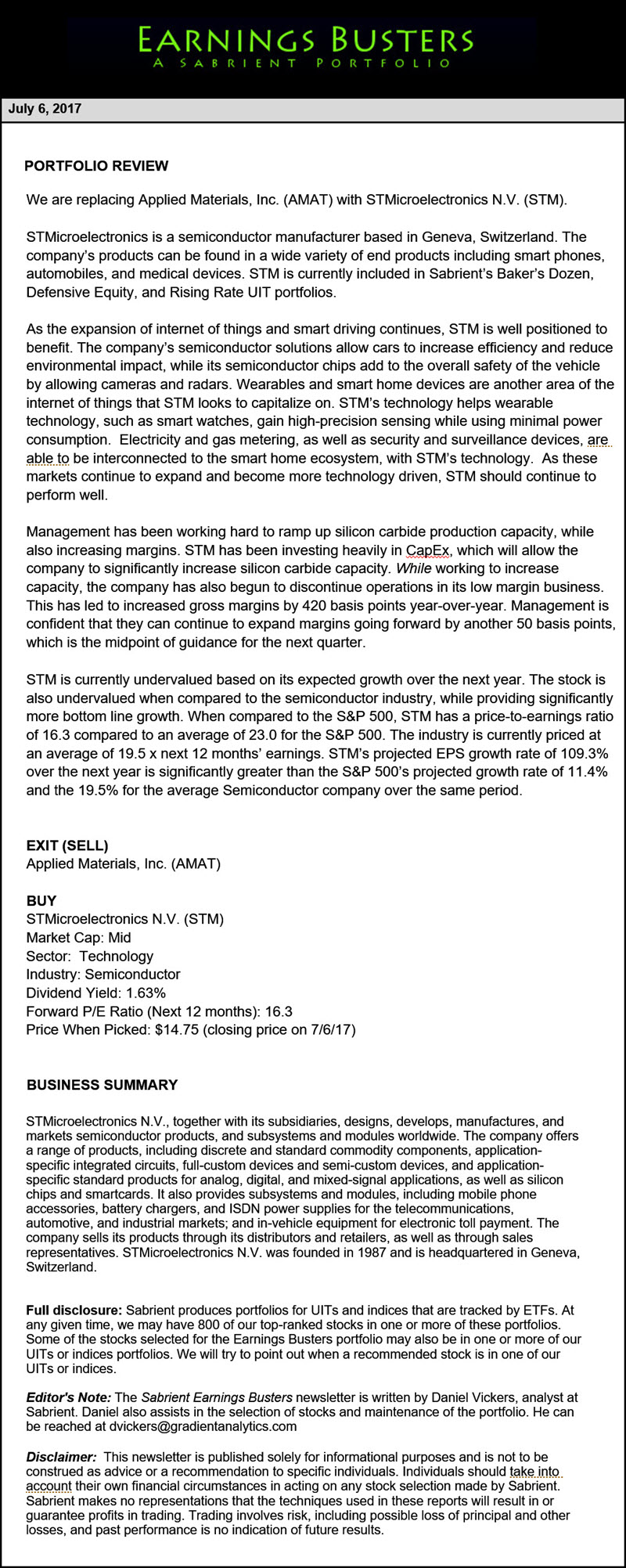 Earnings Busters Newsletter - July 6, 2017