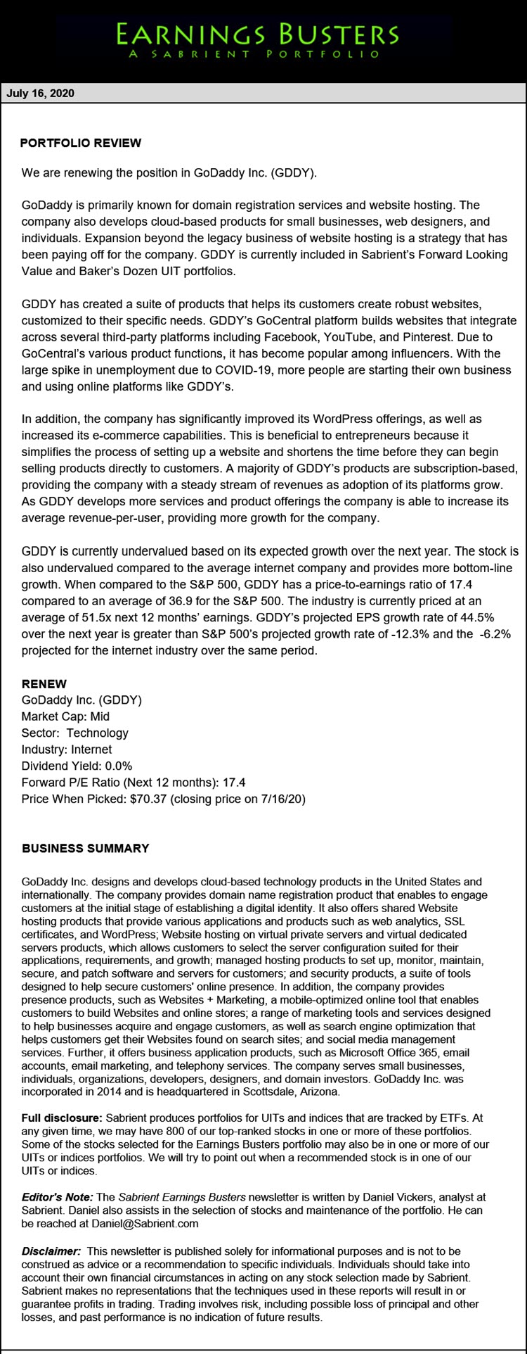 Earnings Busters Newsletter - July 16, 2020