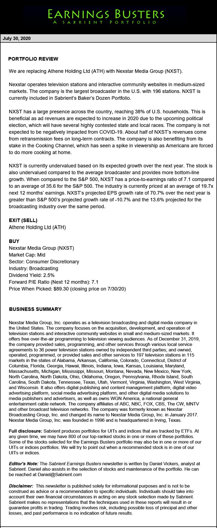 Earnings Busters Newsletter - July 30, 2020