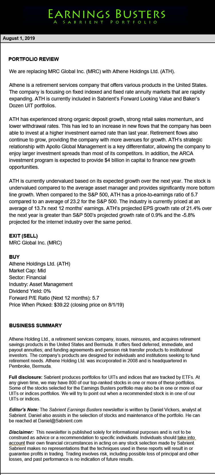 Earnings Busters Newsletter - August 1, 2019