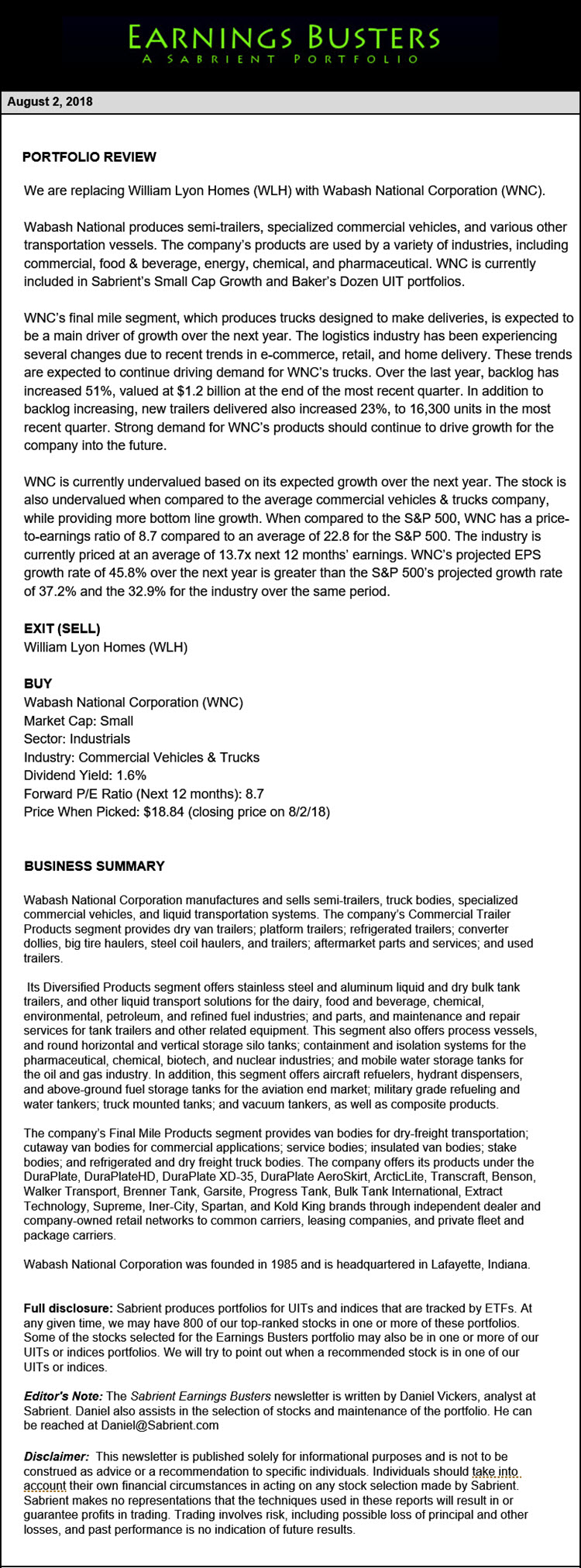 Earnings Busters Newsletter - August 2, 2018