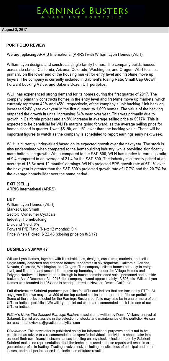 Earnings Busters Newsletter - August 3, 2017