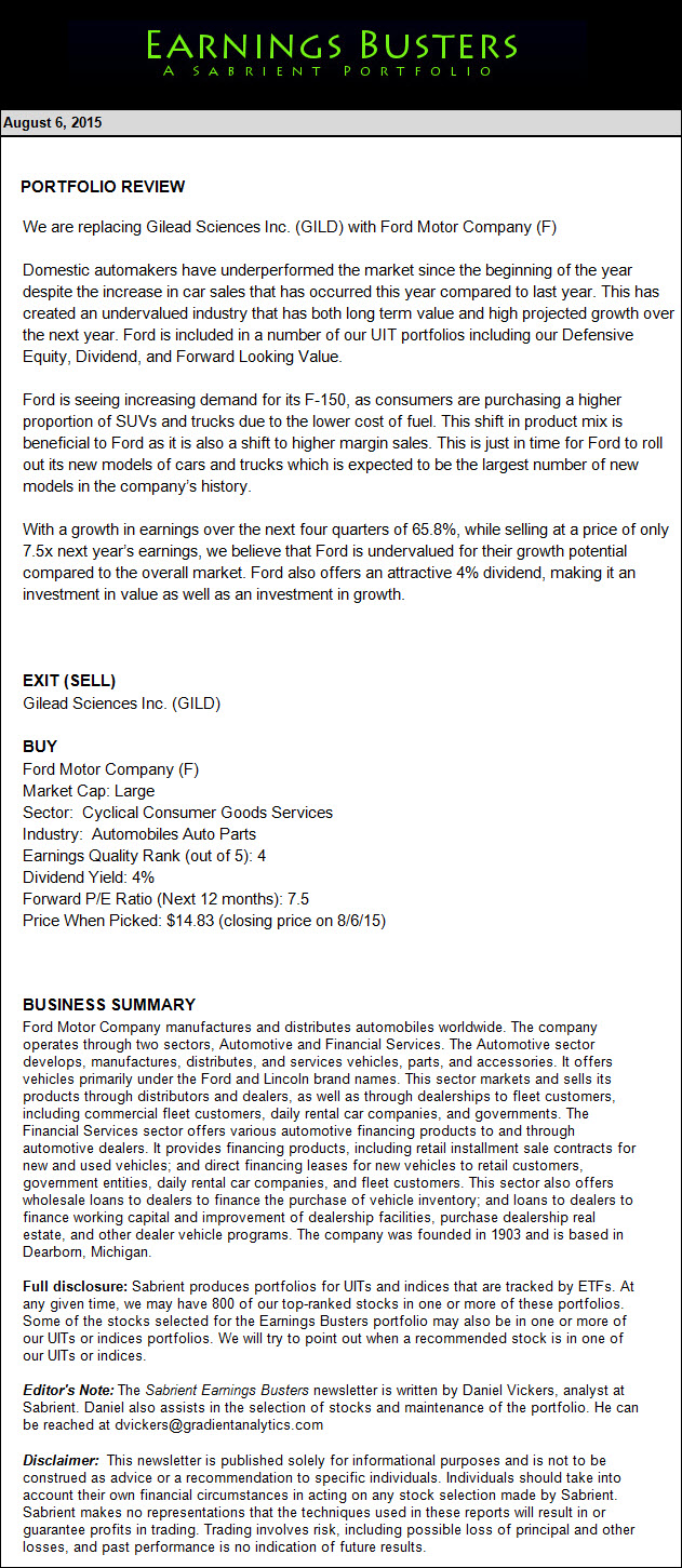 Earnings Busters Newsletter - August 6, 2015