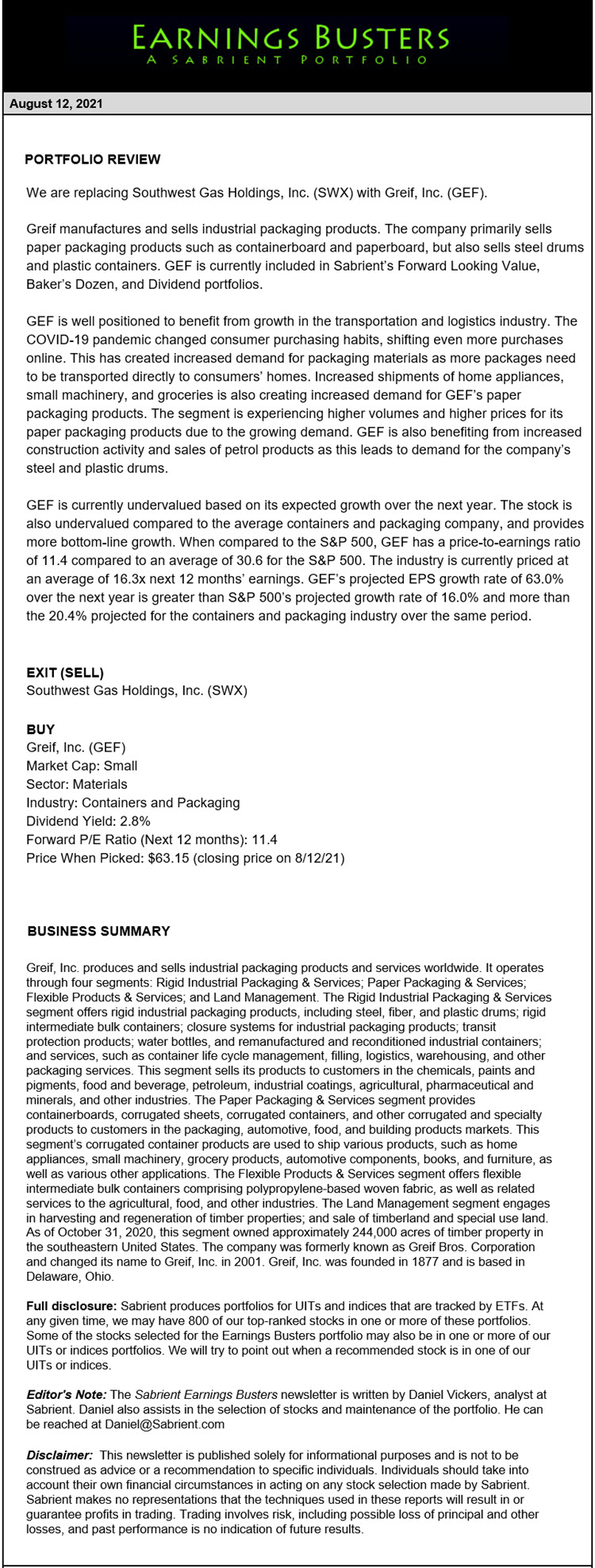 Earnings Busters Newsletter - August 12, 2021