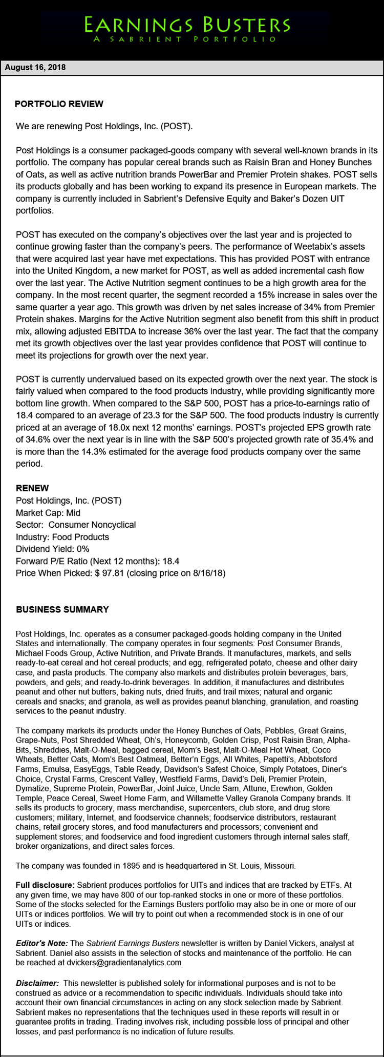 Earnings Busters Newsletter - August 16, 2018