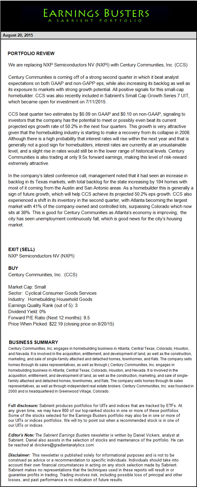 Earnings Busters Newsletter - August 20, 2015