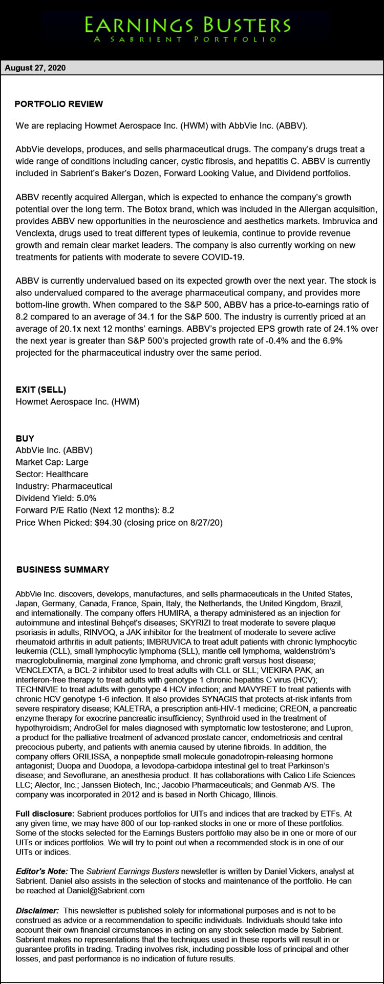 Earnings Busters Newsletter - August 27, 2020