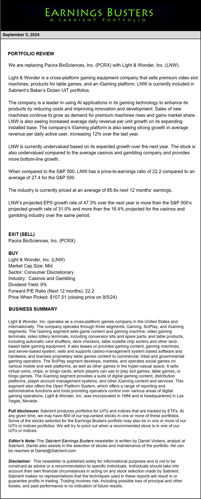 Earnings Busters Newsletter - September 5, 2024