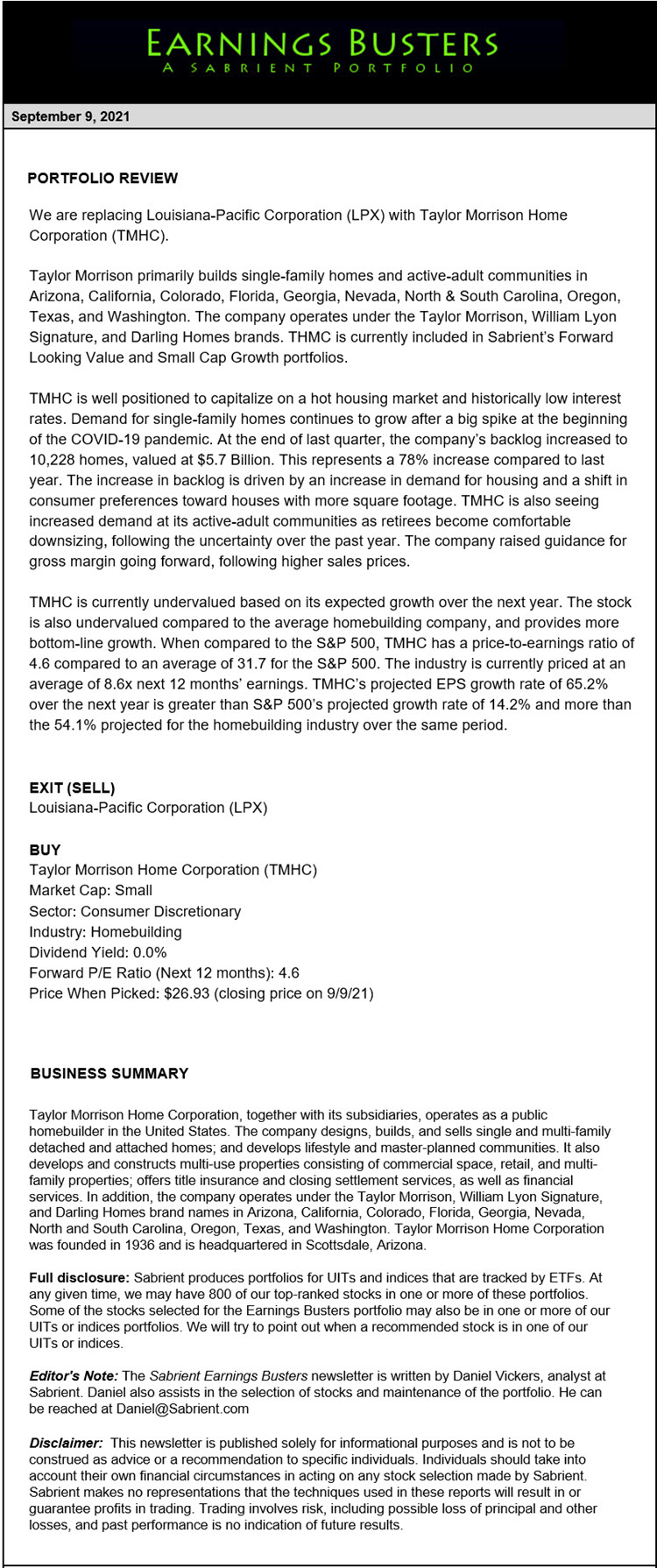 Earnings Busters Newsletter - September 9, 2021