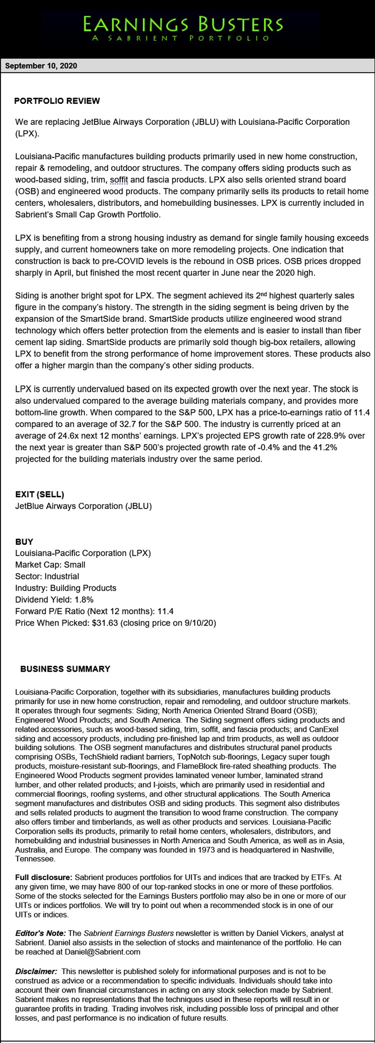 Earnings Busters Newsletter - September 10, 2020