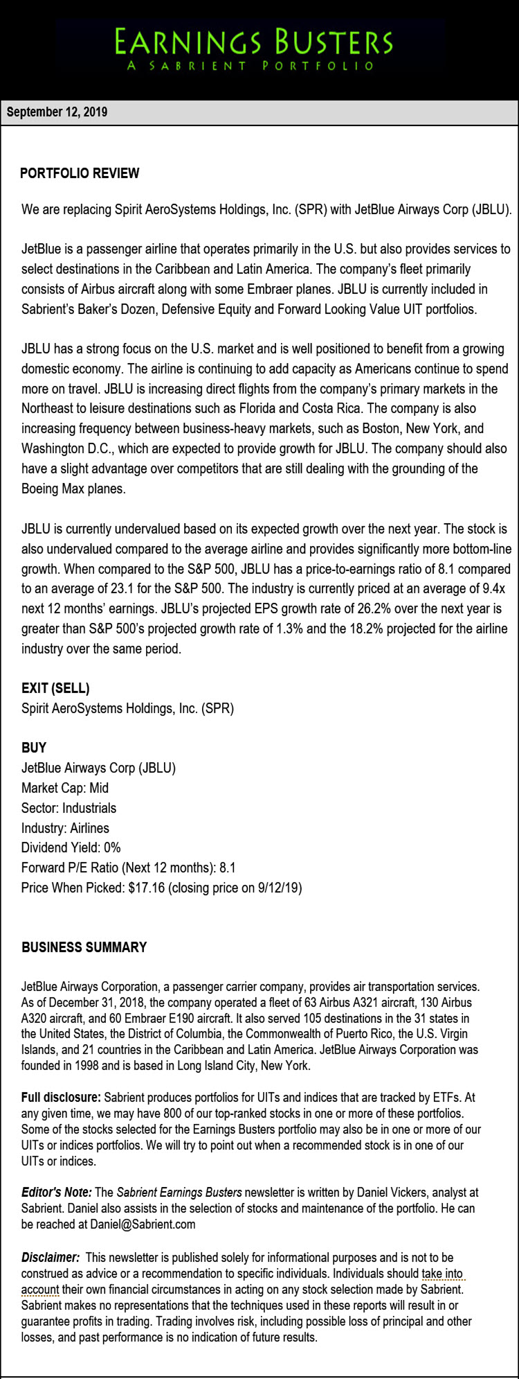 Earnings Busters Newsletter - September 12, 2019