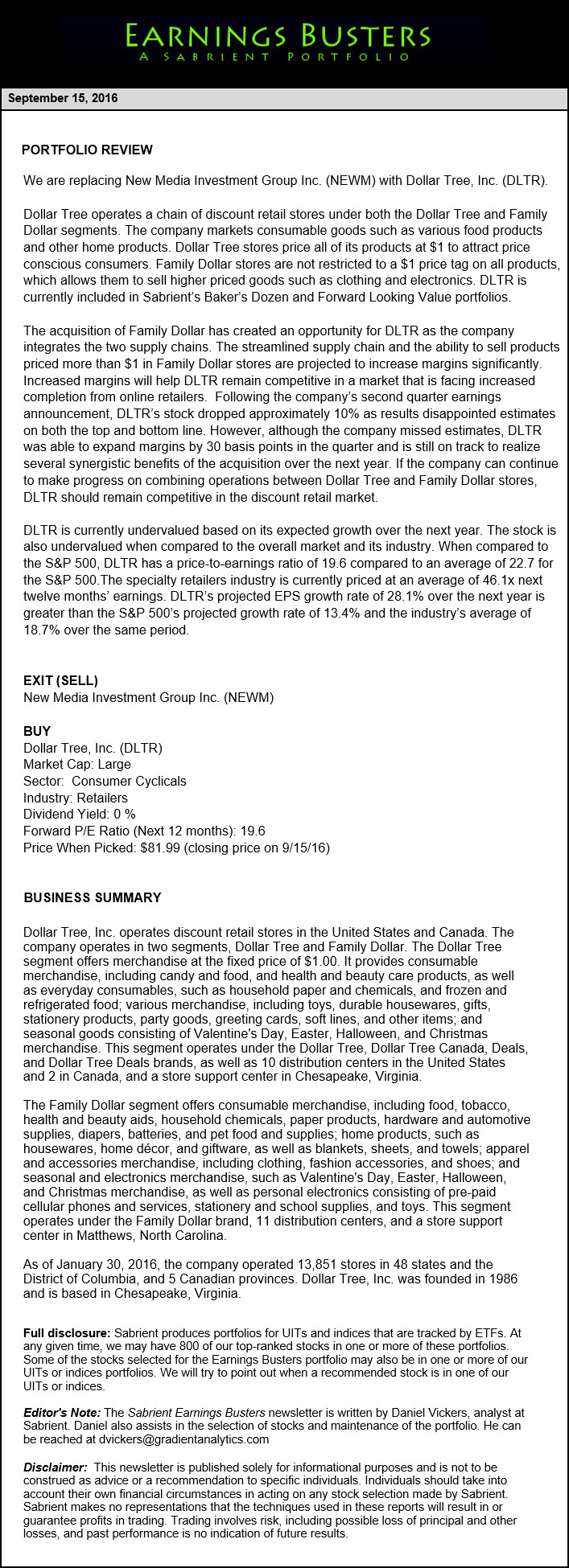 Earnings Busters Newsletter - September 15, 2016