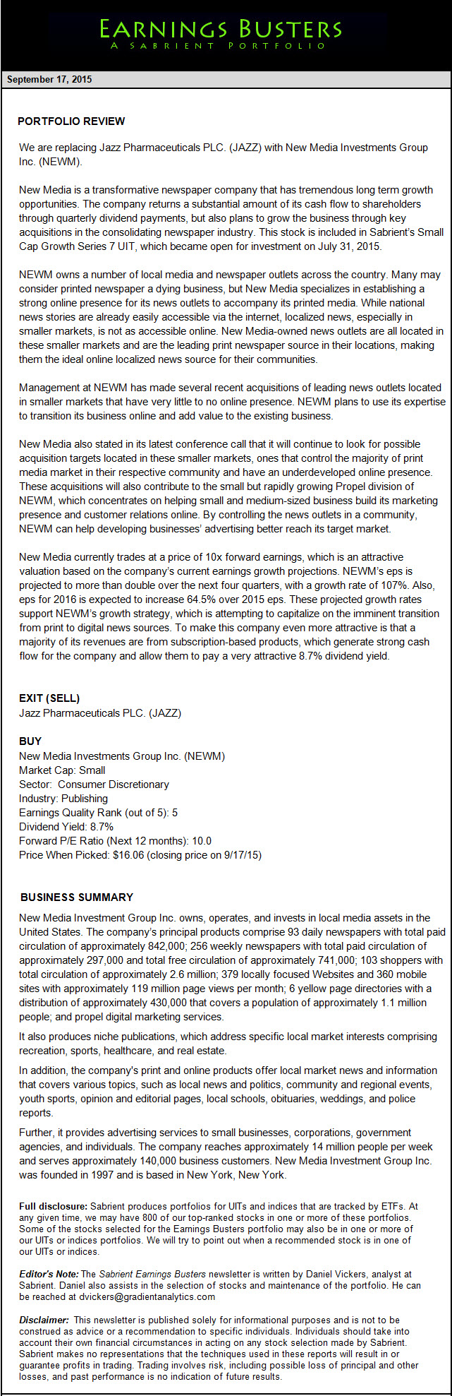 Earnings Busters Newsletter - September 17, 2015