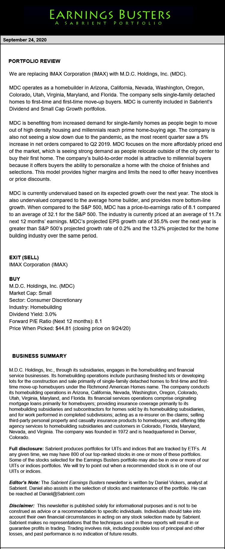 Earnings Busters Newsletter - September 24, 2020