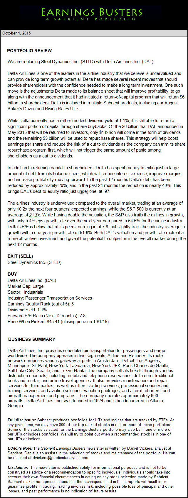 Earnings Busters Newsletter - October 1, 2015