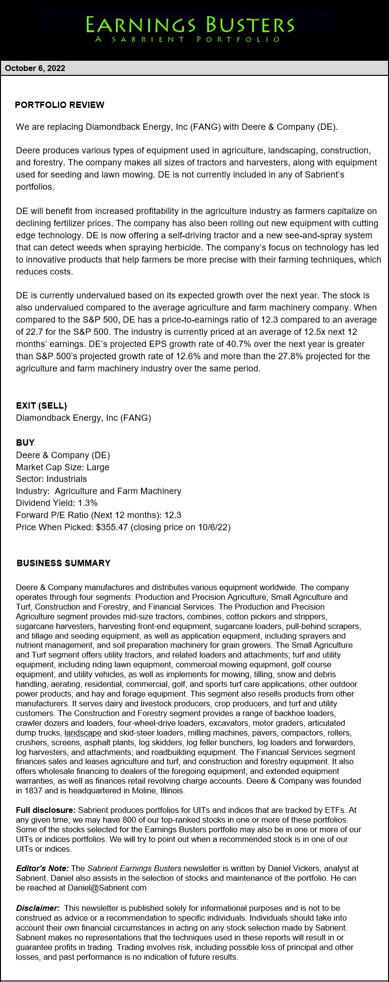 Earnings Busters Newsletter - October 6, 2022