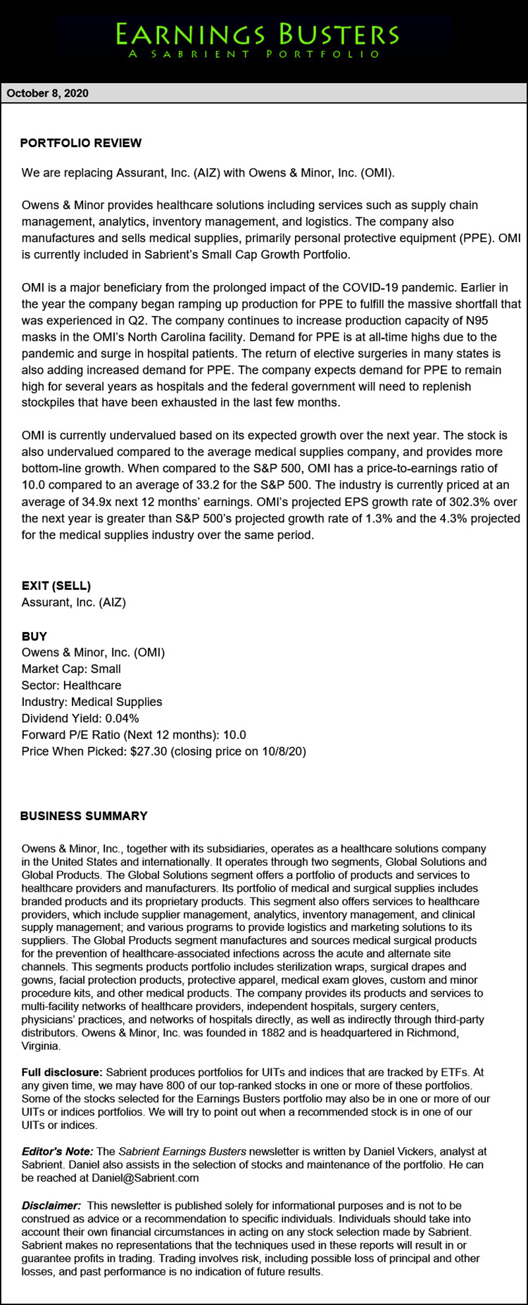 Earnings Busters Newsletter - October 8, 2020