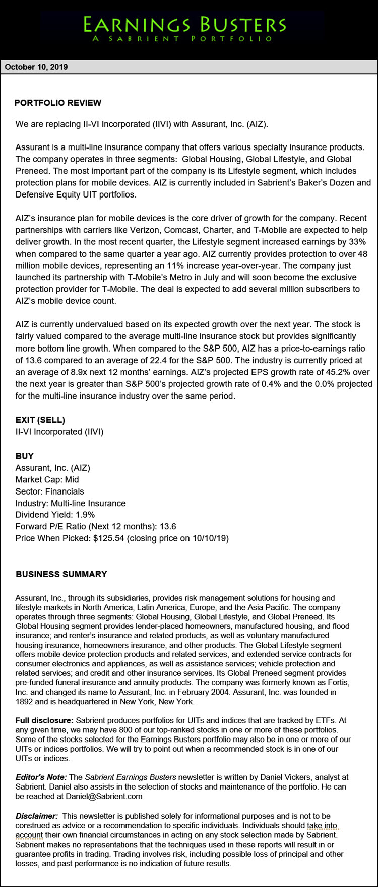 Earnings Busters Newsletter - October 10, 2019