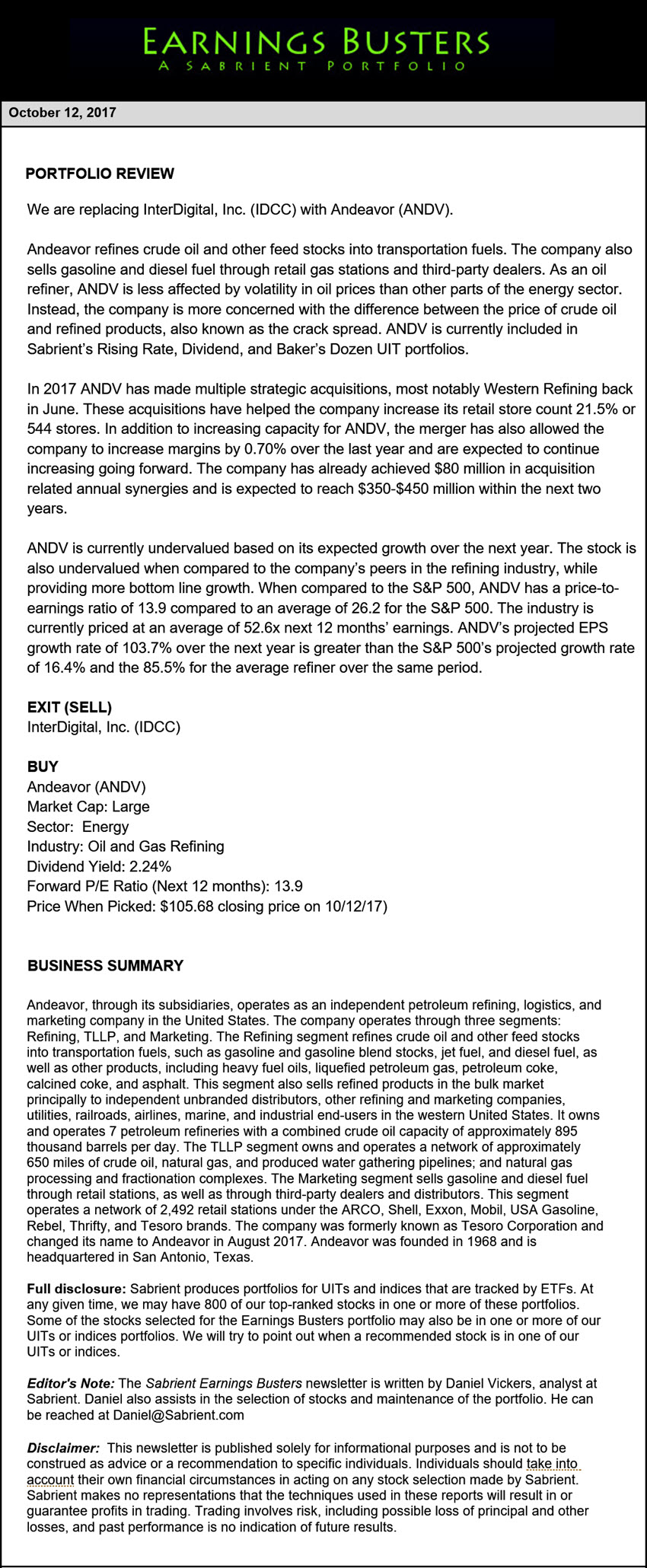 Earnings Busters Newsletter - October 12, 2017