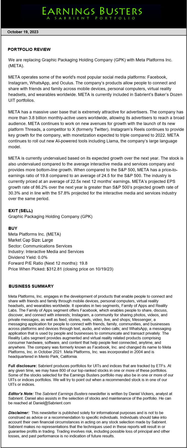 Earnings Busters Newsletter - October 19, 2023