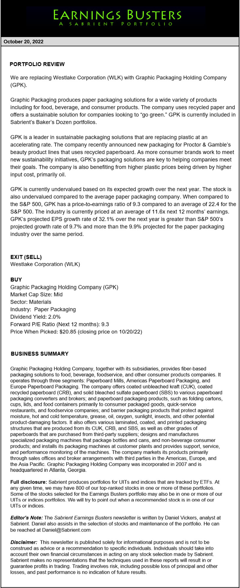 Earnings Busters Newsletter - October 20, 2022