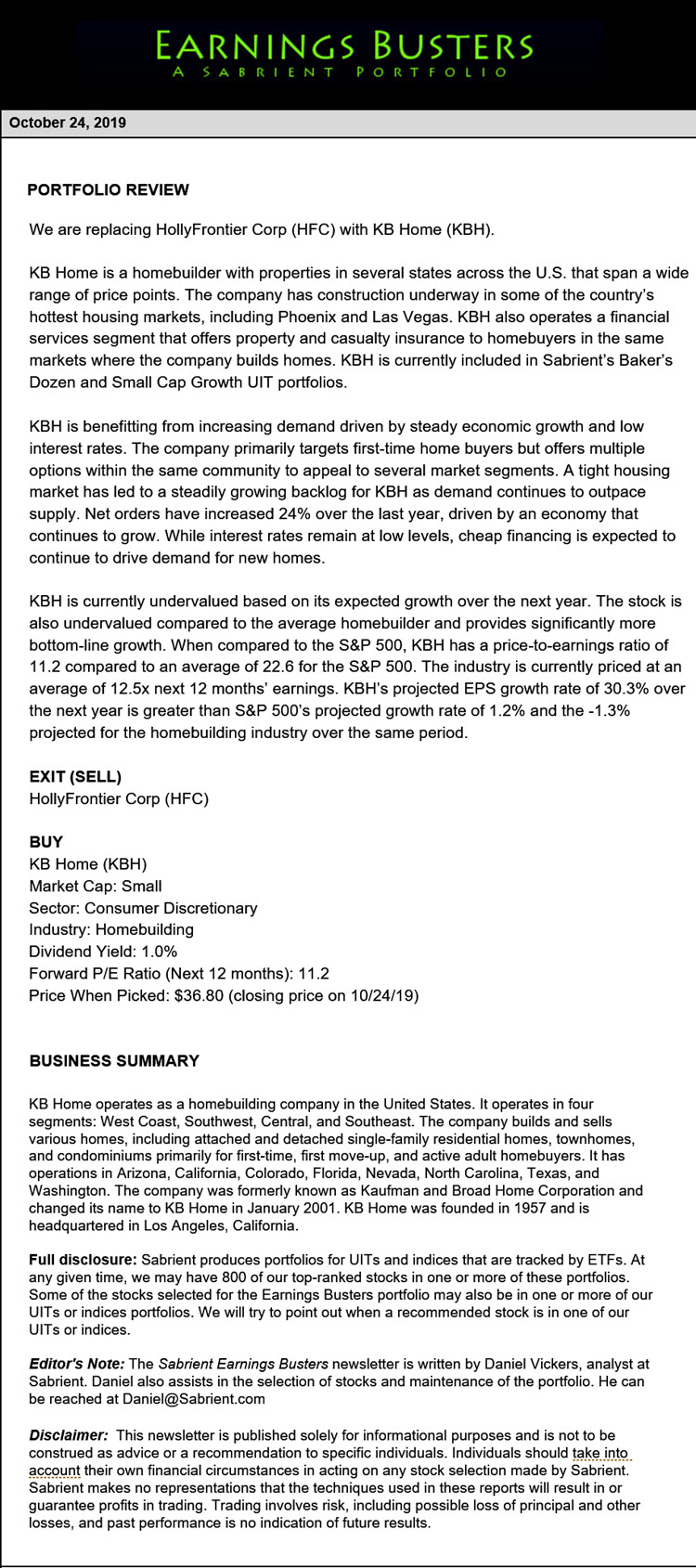 Earnings Busters Newsletter - October 24, 2019