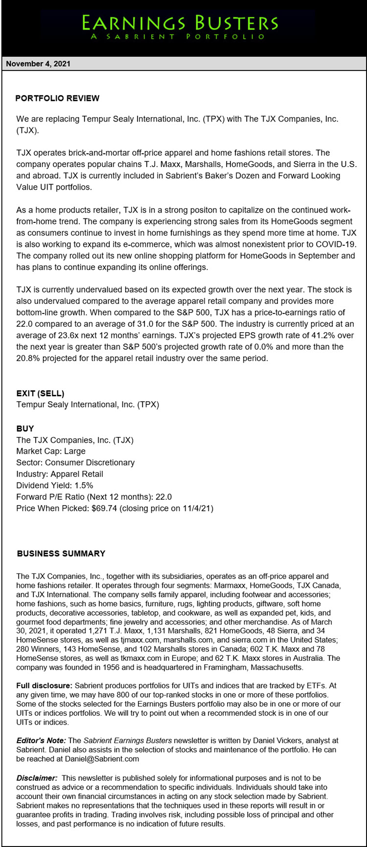 Earnings Busters Newsletter - November 4, 2021