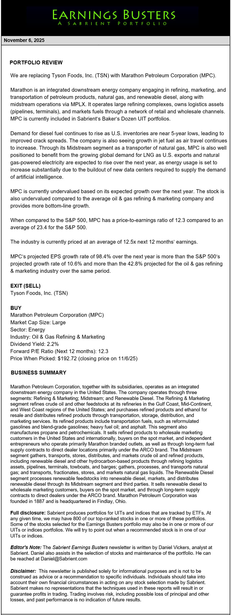 Earnings Busters Newsletter -
November 6, 2025