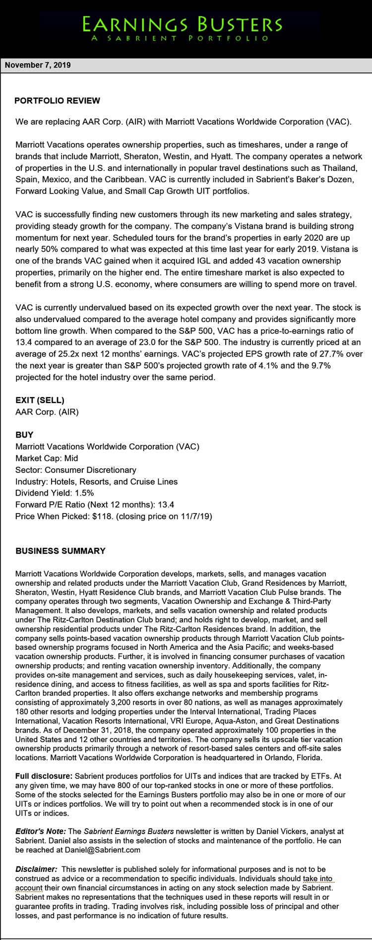 Earnings Busters Newsletter - November 7, 2019