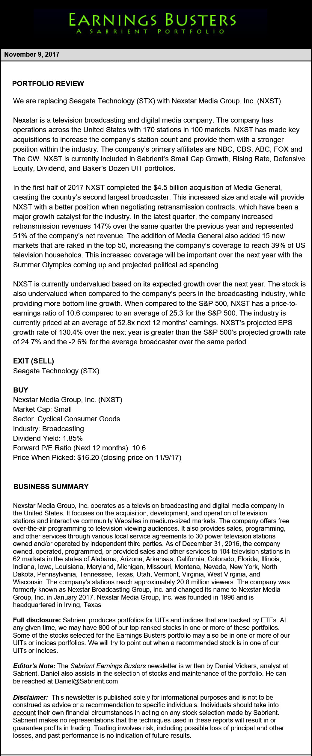 Earnings Busters Newsletter - November 9, 2017