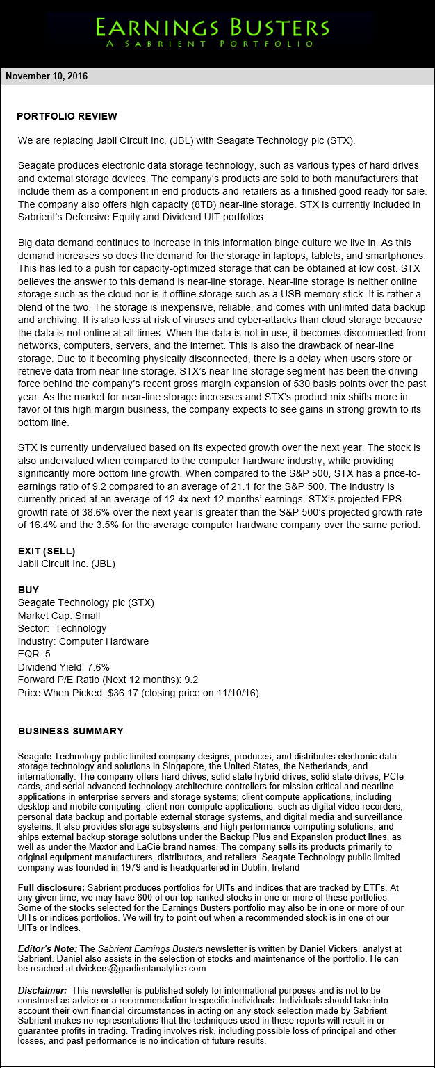 Earnings Busters Newsletter - NOvember 10, 2016