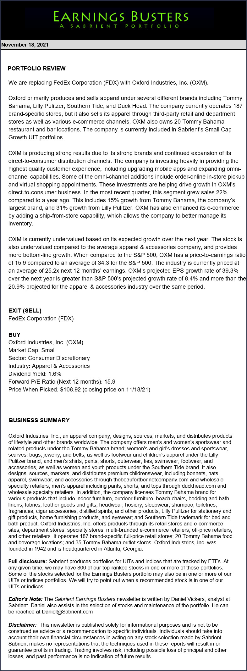 Earnings Busters Newsletter - November 18, 2021