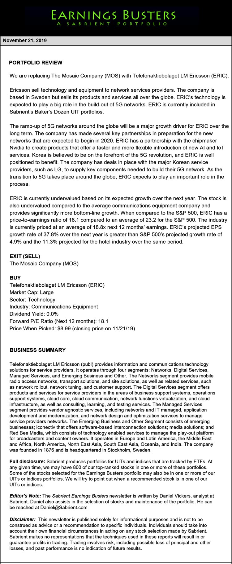 Earnings Busters Newsletter - November 21, 2019