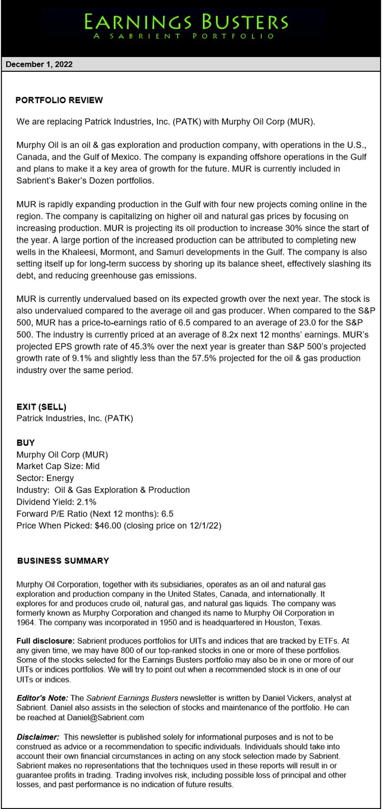 Earnings Busters Newsletter - December 1, 2022