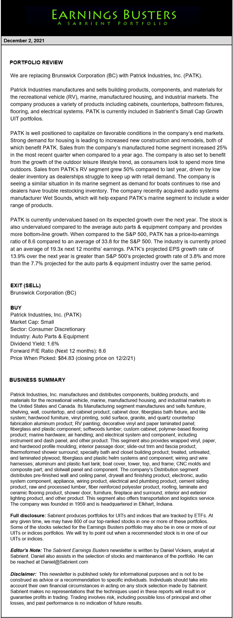 Earnings Busters Newsletter - December 2, 2021