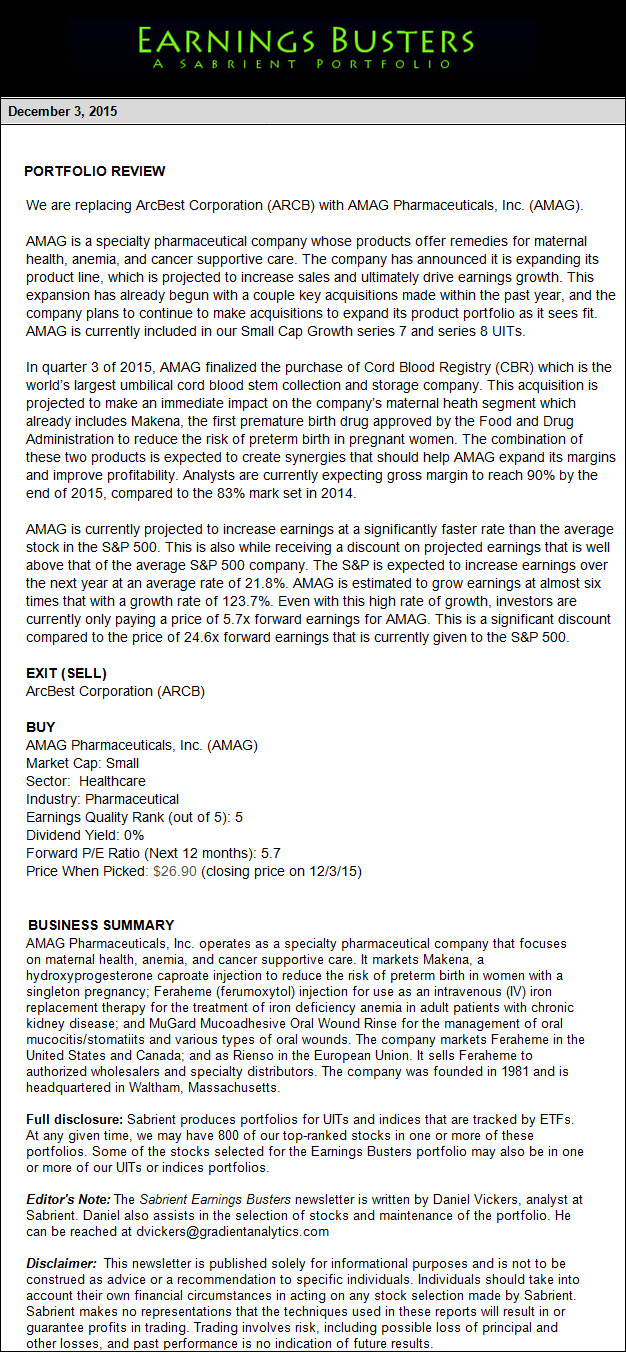 Earnings Busters Newsletter - December 3, 2015