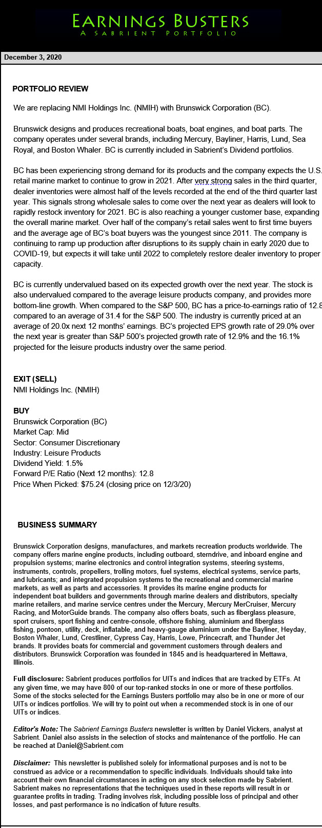 Earnings Busters Newsletter - December 3, 2020