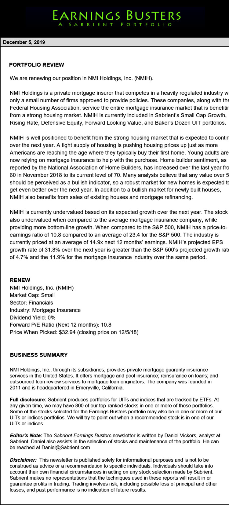 Earnings Busters Newsletter - December 5, 2019