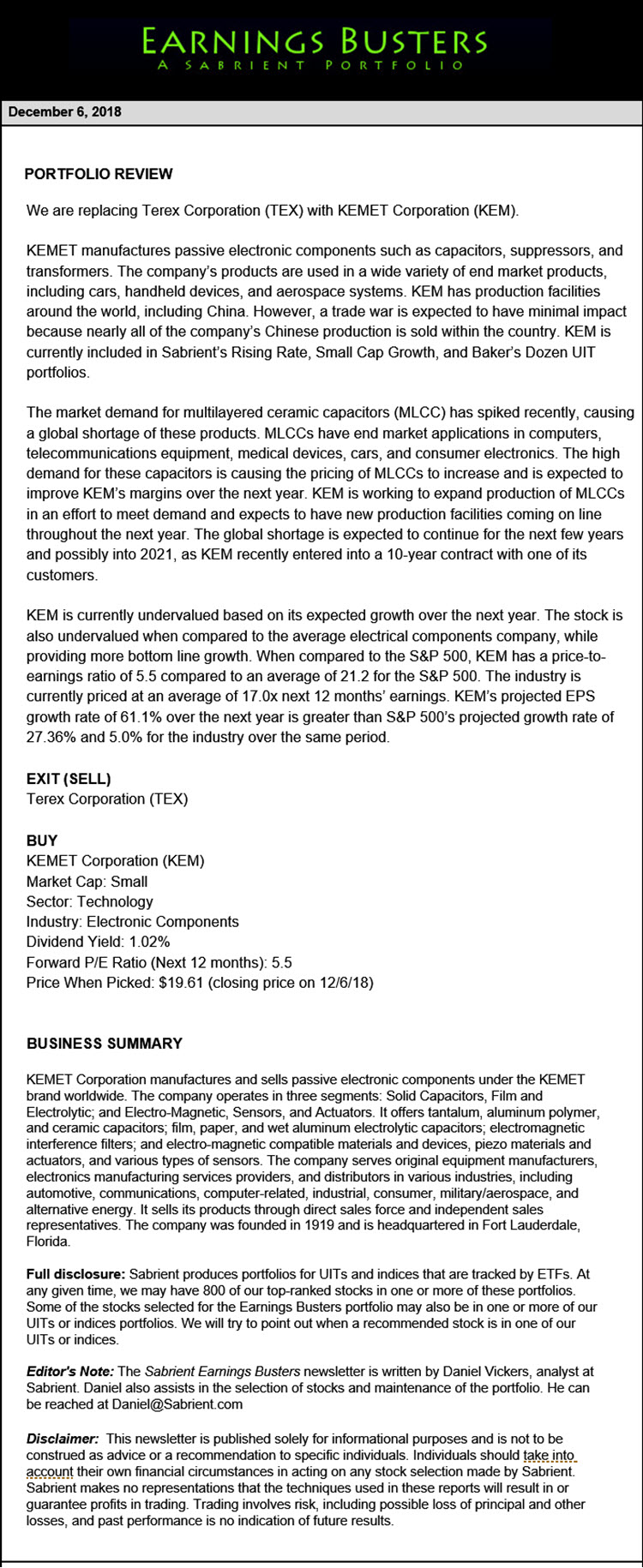 Earnings Busters Newsletter - December 6, 2018