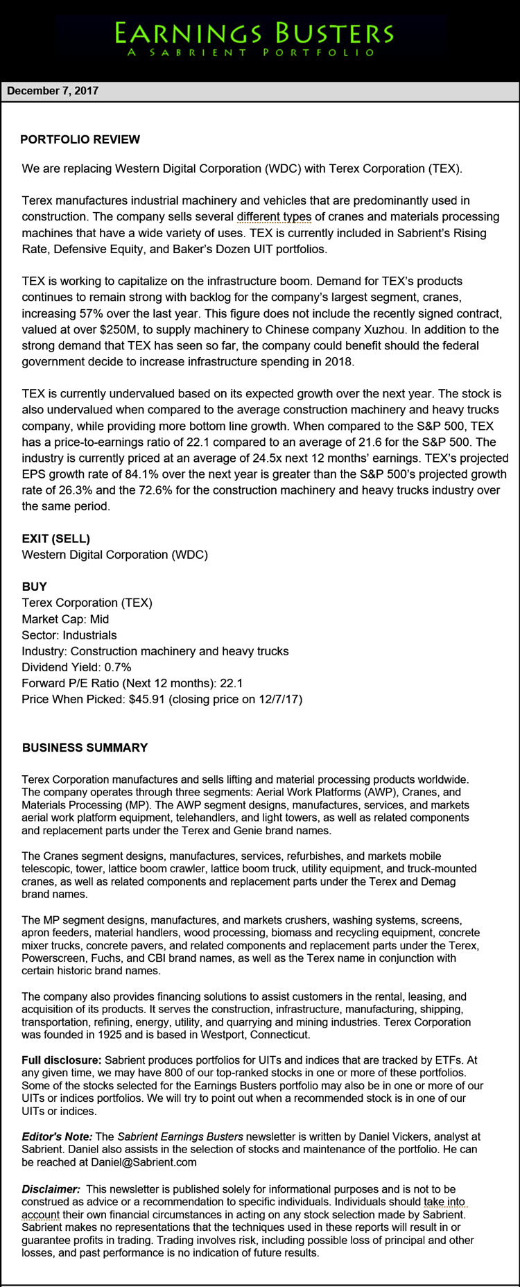 Earnings Busters Newsletter - December 7, 2017