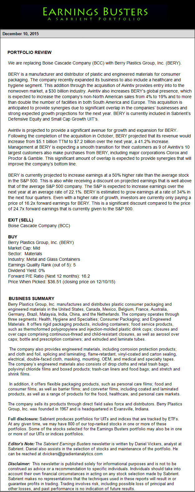 Earnings Busters Newsletter - December 10, 2015