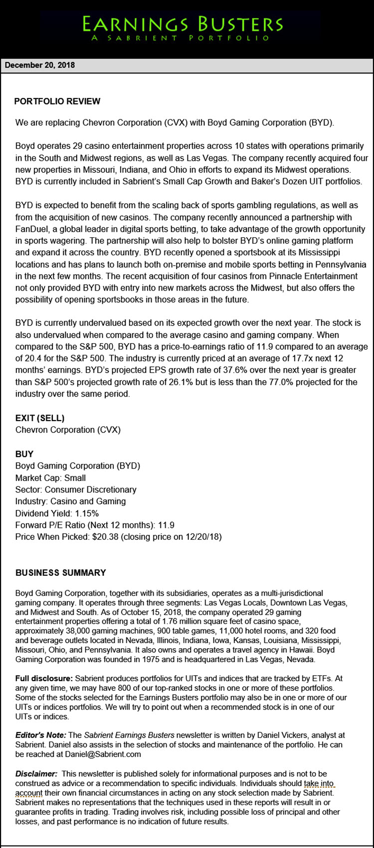 Earnings Busters Newsletter - December 20, 2018